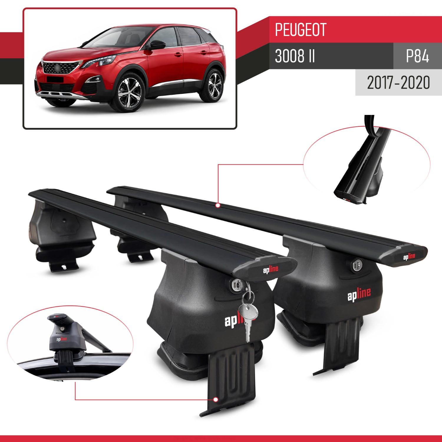Bagażnik dachowy kompatybilny z Peugeot 3008 2016-2020, bagażnik dachowy ACE-4, czarny