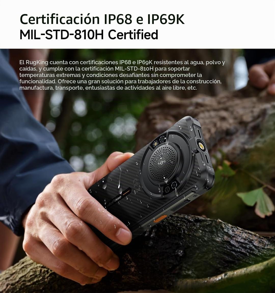 Ulefone RUGKING AI Móvil Rugerizado, Android 15 IA Grabación Llamadas, 126dB Altavoz, Linterna de Alto Brillo, 50MP Cámara, 16GB+256GB, 5,99" HD+(910nits), Teléfono Resistente IP68, 9600mAh, GPS NFC