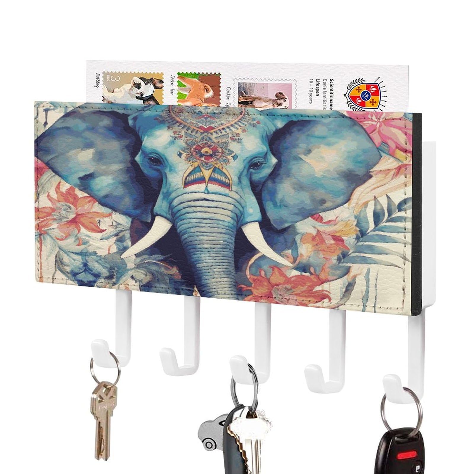 JTREHY Peacock Feathers Elephant Key Holder Wall Mount Decorative Key and Mail Holder PU Leather Adhesive Key Organizer Hanging Key Hooks Wall Shelf with 5 Hooks for Entryway Hallway Office