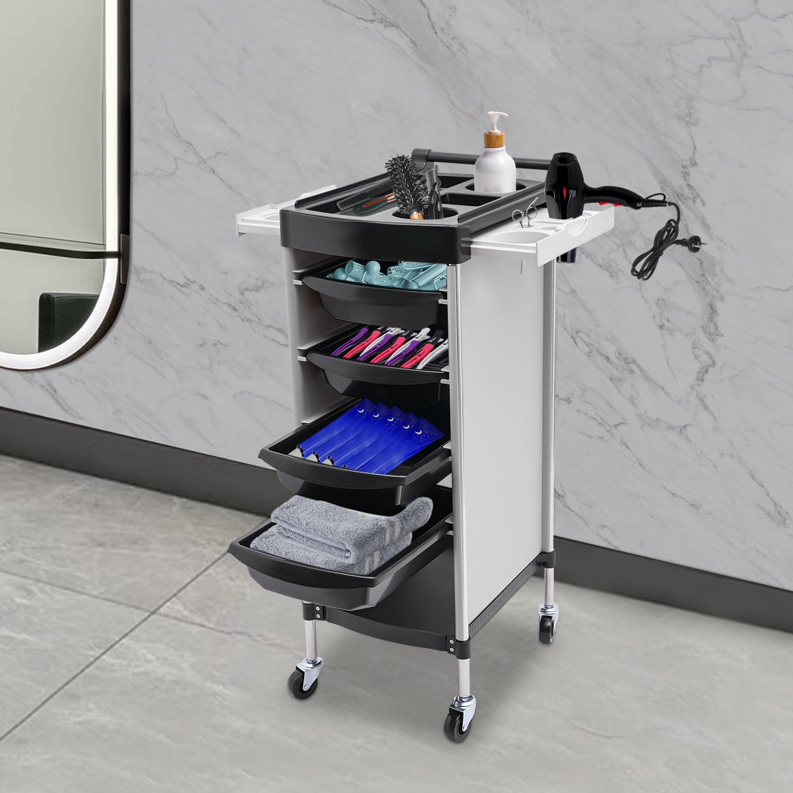 Salon, carrello a rotelle a 6 ripiani, professionale, da parrucchiere, con 5 cassetti e rotelle, pieghevole, per salone di bellezza, parrucchiere (bianco)