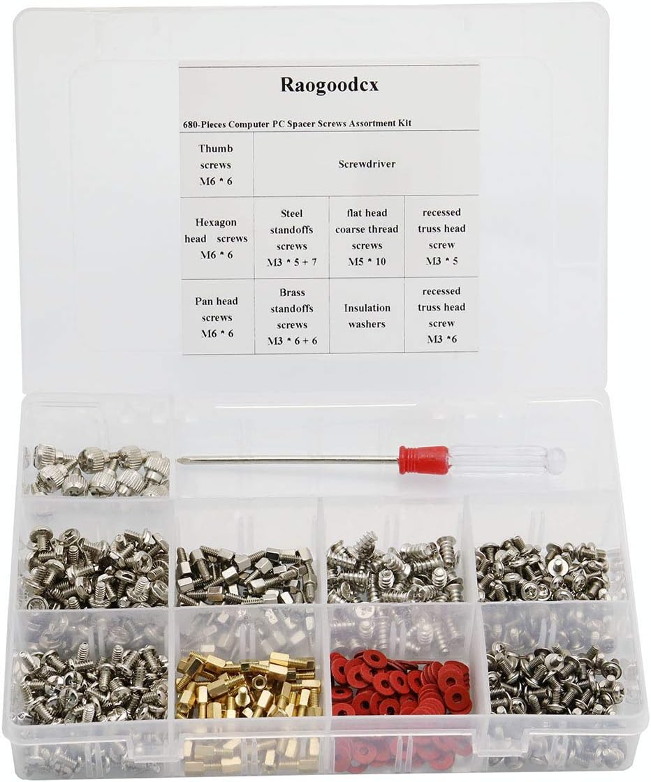 Raogoodcx 680-Pieces Phillips Head Computer PC Spacer Screws Assortment Kit for Hard Drive Computer Case Motherboard fan power graphics (Extra: Phillips Screwdriver)