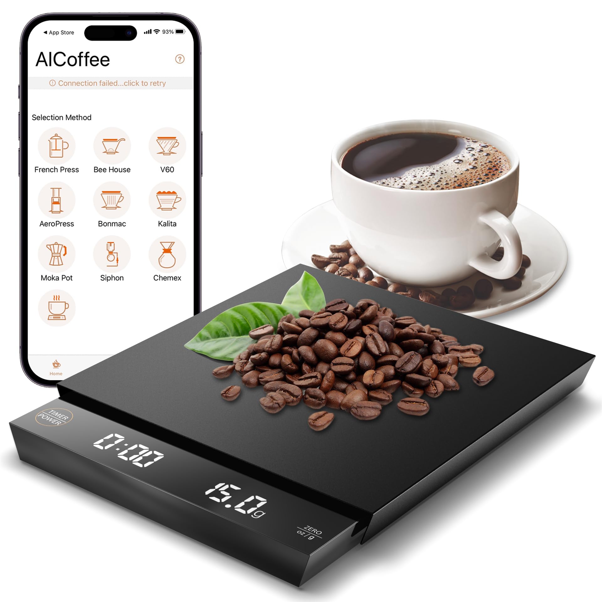 Coffee Scale with Timer, 2-in-1 Digital Espresso Scale for Coffee Accurate Weight Scale 3kg/0.1g, Bluetooth Pour Over Drip Scale with LCD Display Coffee Bean Scale with Tare Rechargeable, Black