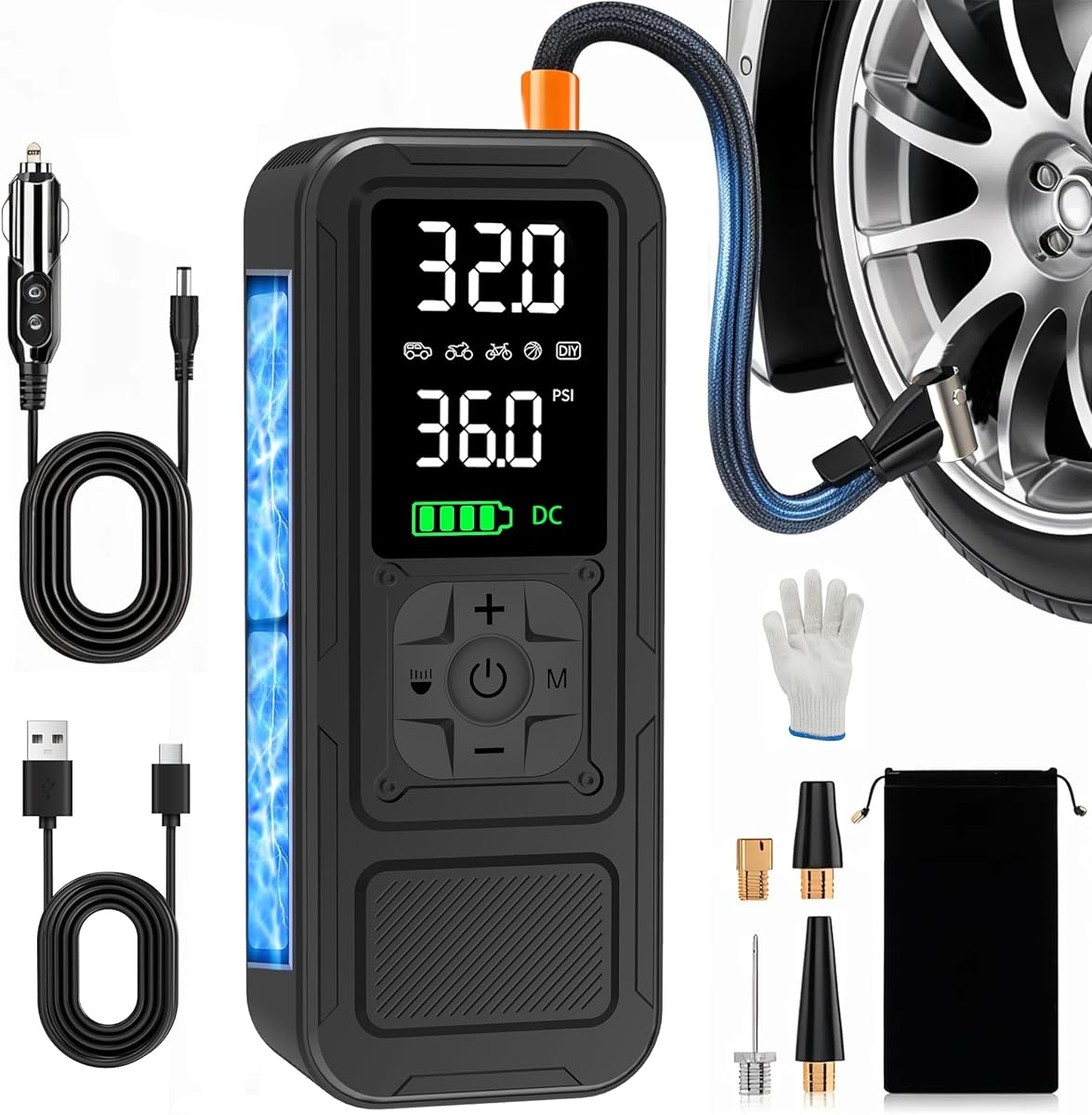 Y34 Tire Inflator Portable Air Compressor,4X Faster Inflation,6000mAh Cordless/12V DC 150PSI Air Pump for Car Tires with Digital Pressure Gauge/LED Light for Car,Motorcycle,Bike,Ball