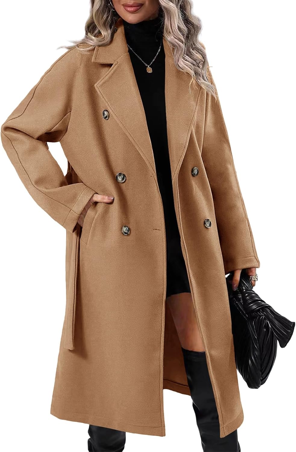 Danedvi Women Elegant Wool Pea Coat Lapel Collar Double Breasted Mid-Long Winter Overcoats with Belted Pockets