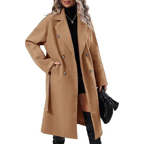 Danedvi Women Elegant Wool Pea Coat Lapel Collar Double Breasted Mid-Long Winter Overcoats with Belted Pockets