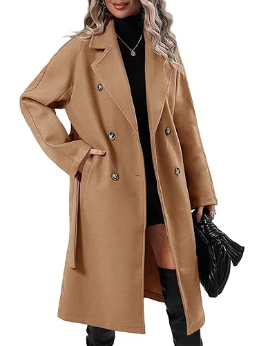Women Elegant Wool Pea Coat Lapel Collar Double Breasted Mid-Long