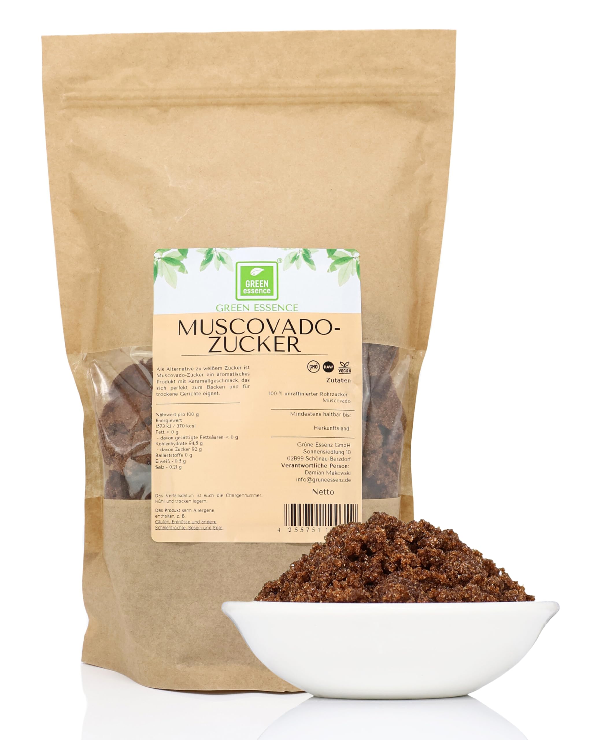Muscovado Rohrzucker - unraffiniert 1kg von der Grünen Essenz - Naturprodukt für köstliches Backen und Würzen - brauner Zucker naturbelassen - Muscovado Vollrohrzucker