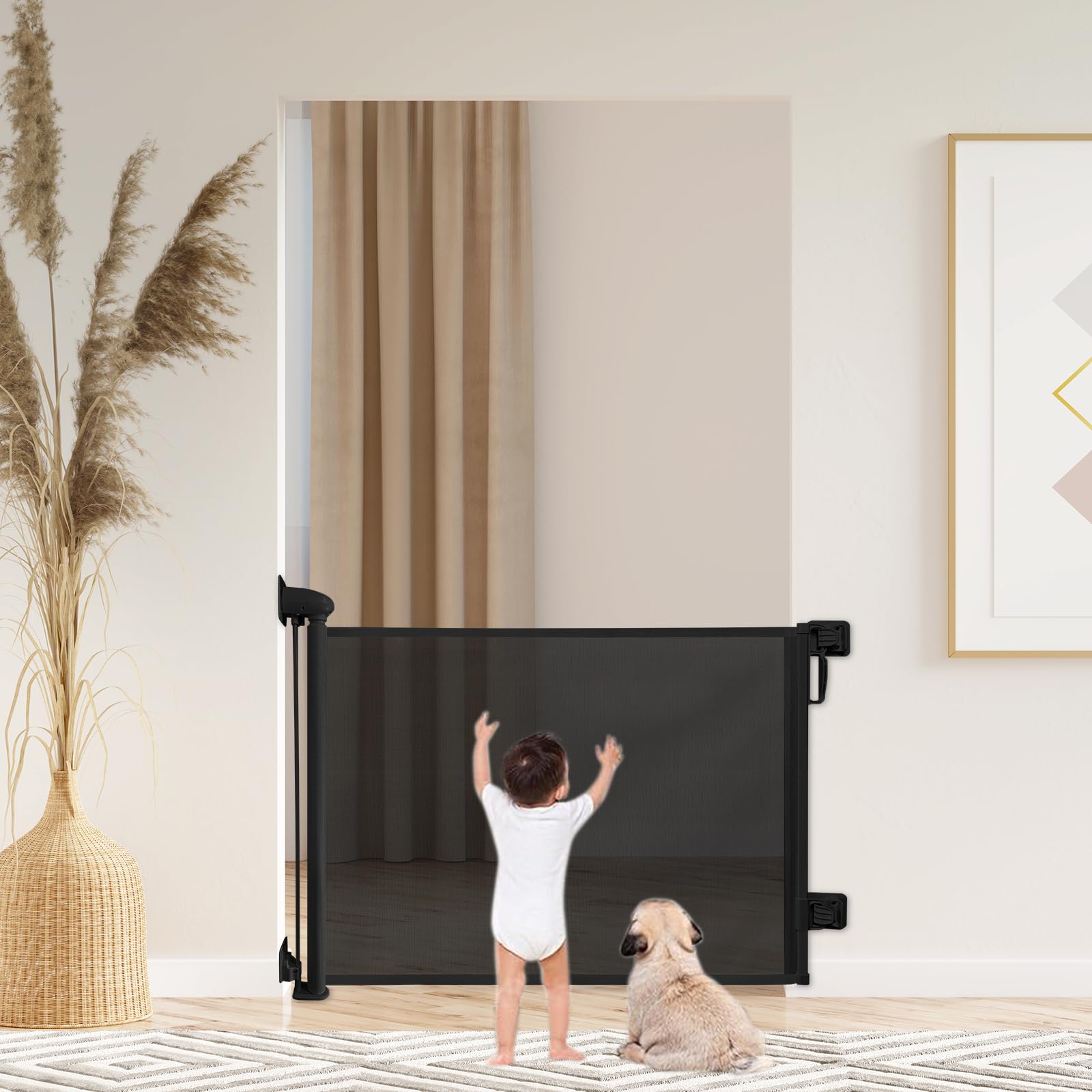 Baby Gate, Auto Close Safety Baby Gate, 180cm*86cm Baby Gate Stairs, Retractable Baby Gate for Doorway for Kids or Pets, Indoor and Outdoor Dog Gates-Black