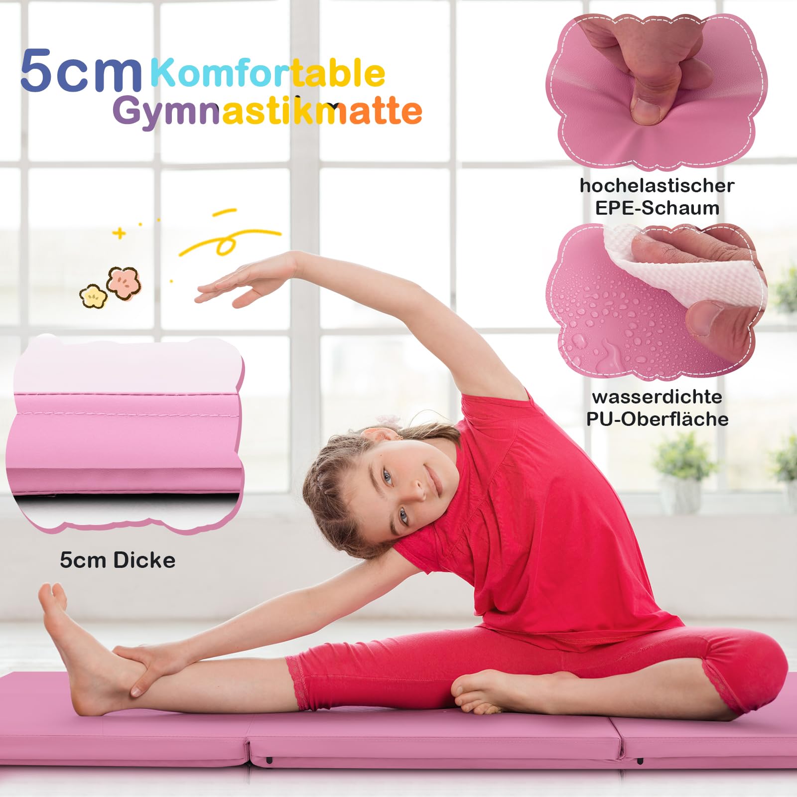 GOPLUS Weichbodenmatte, 180 x 60 x 5 cm Turnmatte rutschfest mit Klettverschlüssen & Tragegriffen, Gymnastikmatte klappbar aus Kunstleder, Turnmatte zum Trainieren von Gymnastik & Yoga