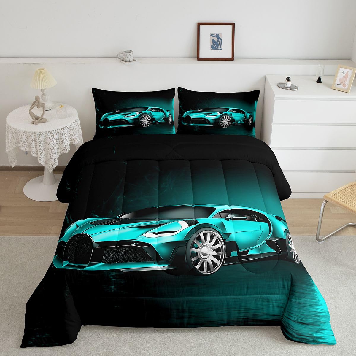 Feelyou Sports Car Comforter Teal Blue Race Car Comforter Set for Kids Boys Girls Extreme Sports Theme Bedding Set Cool Speed Luxury Car Decor Quilt