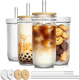 SoulTimes 24oz Mason Jar Drinking & Storage- Ribbed Glass Tumbler with Straw and Lid. Wide Mouth Boba Cups for Ice Coffee, Smoothie, etc. Leakproof and Reusable Food Container For Travel To Go 【4 Pcs】