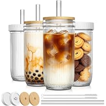 SoulTimes 24oz Mason Jar Drinking & Storage- Ribbed Glass Tumbler with Straw and Lid. Wide Mouth Boba Cups for Ice Coffee, Smoothie, etc. Leakproof and Reusable Food Container For Travel To Go 4 Pcs
