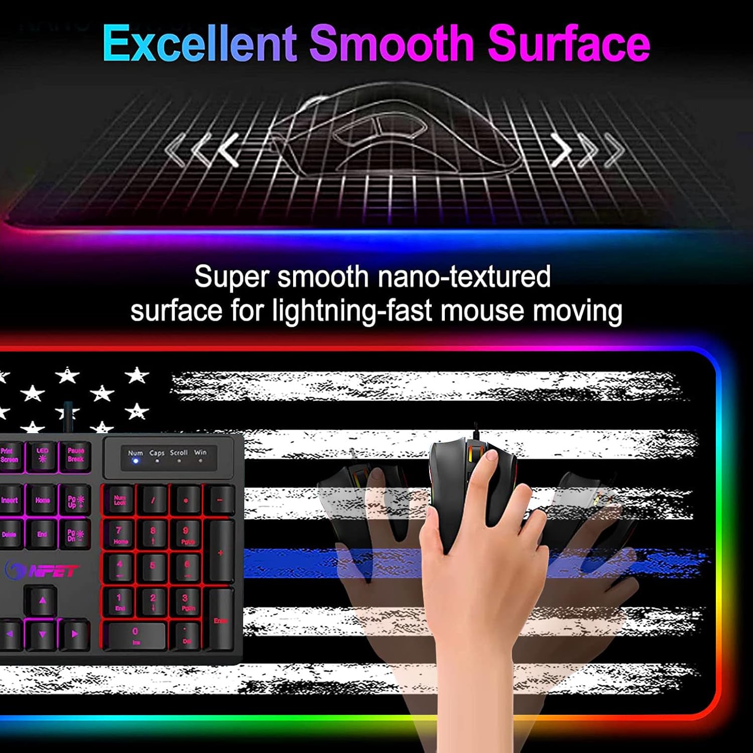 RGB Gaming Mouse Pad Large Mouse Pad Desk Mat Led Mouse Pad Light-up Mouse Pad, Large Keyboard Pad, Optical Waterproof Non-Slip, Great for Gamers, Retro Thin Blue Line American Flag