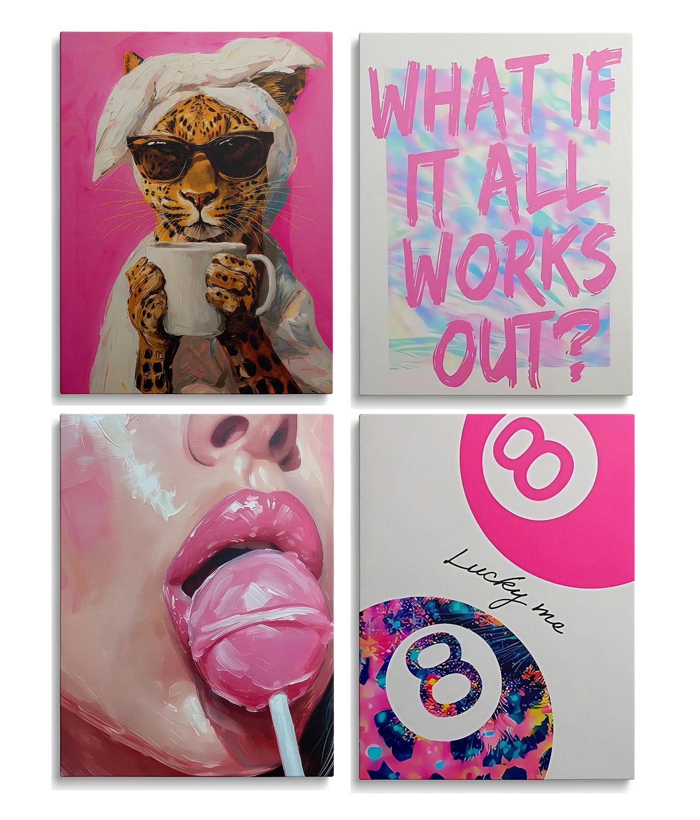 Modern Pop Leopard Pink Wall Art Set of 4 Painting canvas print set featuring a Cool Leopard and Typography ,trendy girl,leopard print lucky 8 ball
