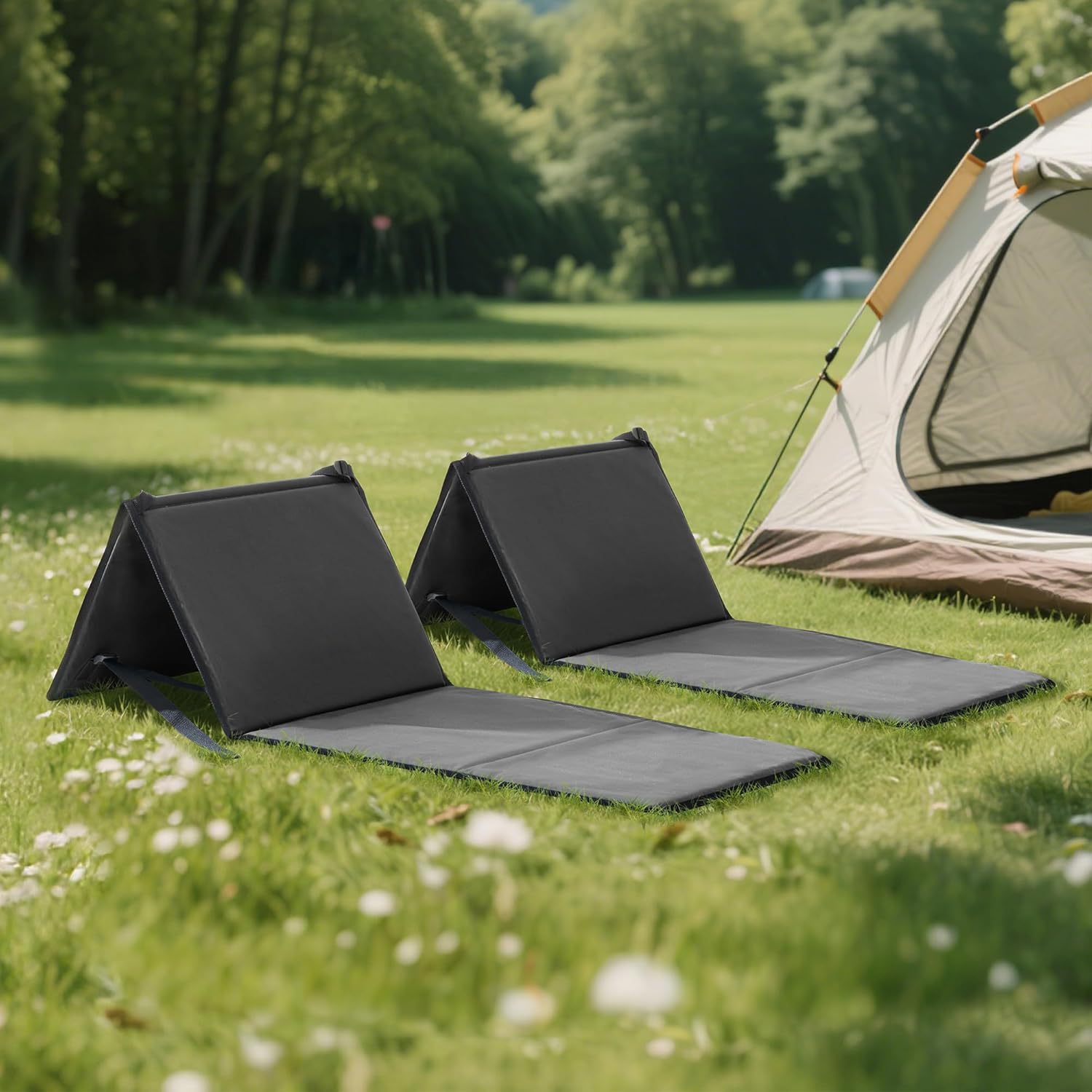 Sunjoy Ultra-Light Folding Chair with Backrest (Set of 2), Outdoor Portable Beach Mat Lounger Chair, Ideal Tanning Mat for Sunbathing for Camping Beach Road Trips, Gray