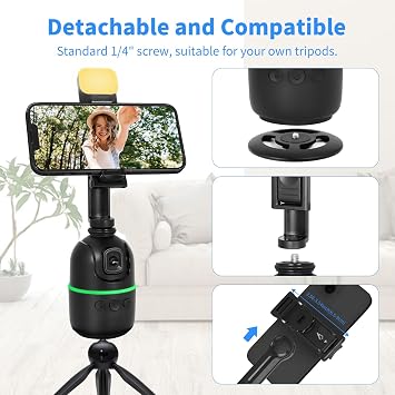 KozyOne Auto Face/Body Tracking Tripod, No App Required, 360° Rotation Phone Holder with Fill Light, Auto Tracking Phone Holder, Smart Gesture Control, for Vlog, Tiktok, Streaming, Zoom
