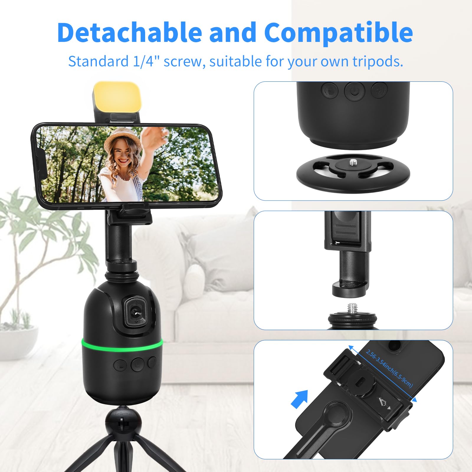 KozyOne Treppiede di tracciamento automatico del viso/corpo, nessuna applicazione richiesta, supporto del telefono di rotazione a 360° con luce di riempimento, supporto del telefono di monitoraggio