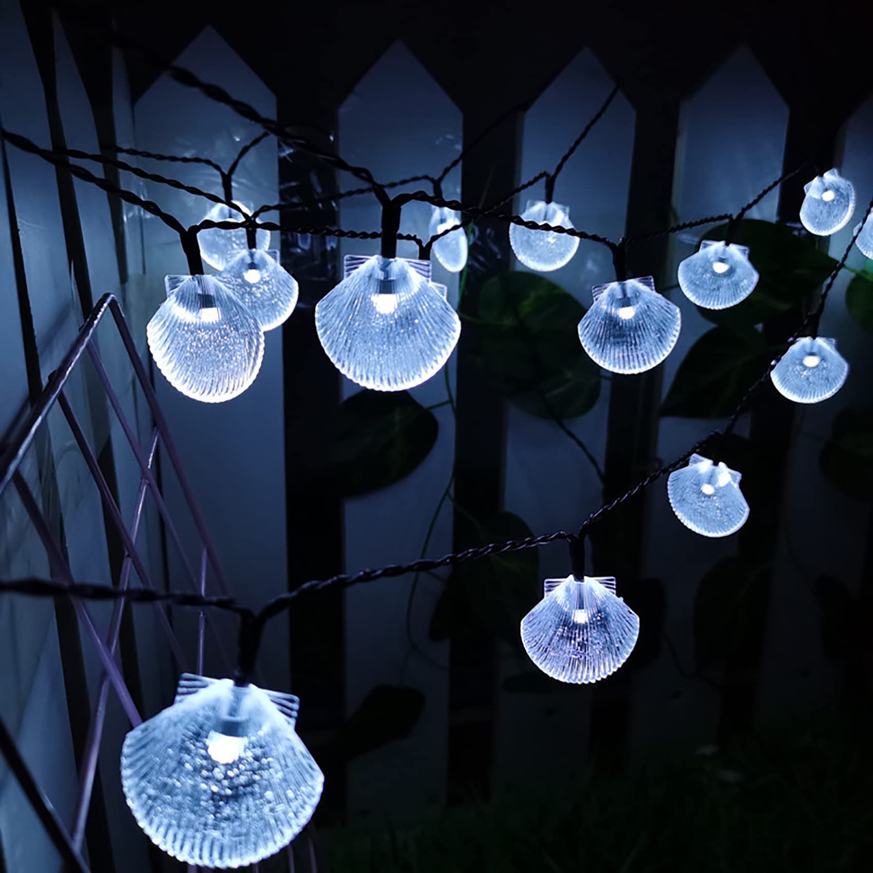 DINOWIN Solar Seashell String Lights 16.4FT 30LED Waterproof 8 Modes Sea Shell String Lights Ocean Theme Lights for Covered Outdoor Camping Wedding Birthday Party (White) — image 1