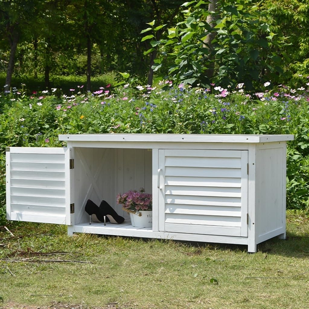 Outdoor Storage Cabinet with Double Doors Weatherproof Wooden Garden Utility Shed for Patio Yard Balcony Waterproof Solid Wood Construction Tool Storage Box(White)