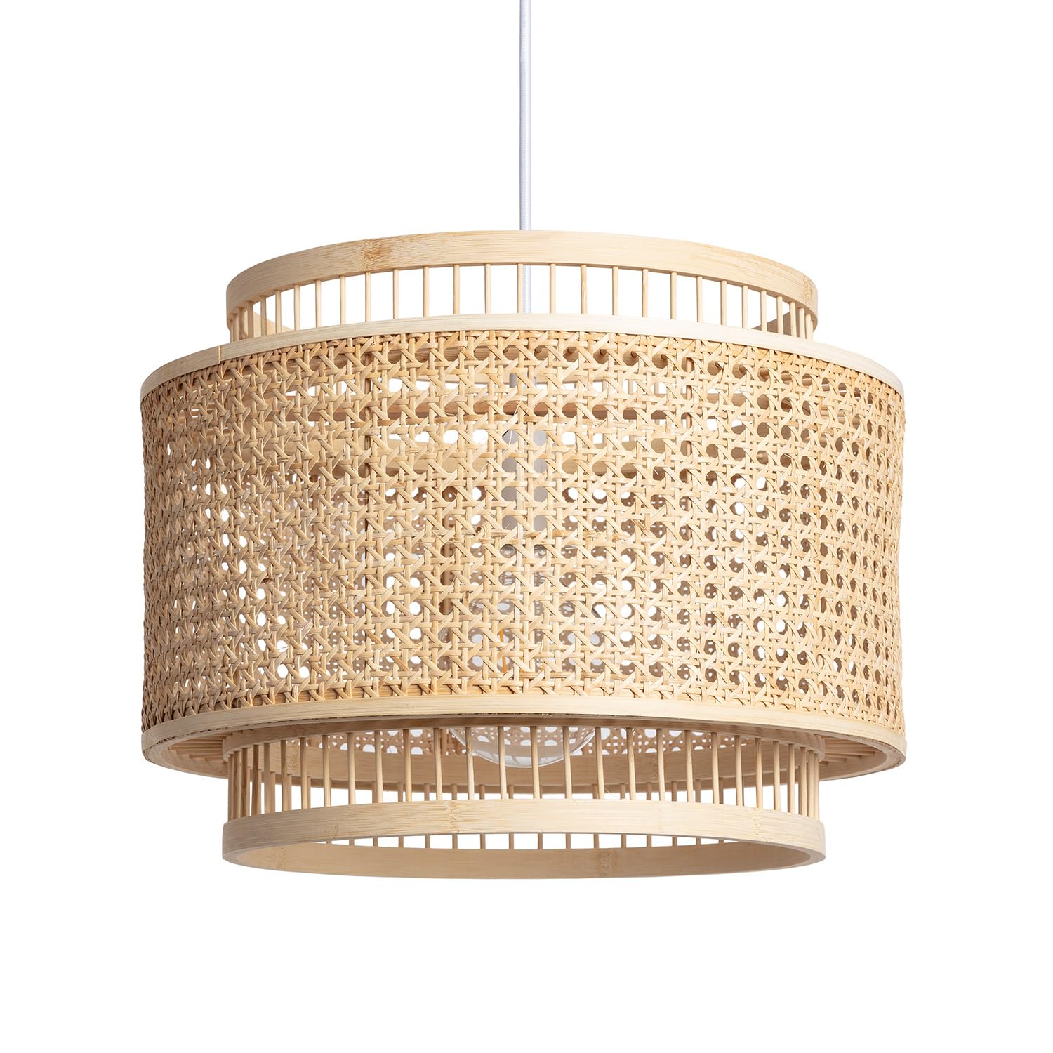Ledkia Lampa Wisząca Bambusowa Bangkal Naturalna – Rustykalna Oprawa Sufitowa do Salonu i Sypialni w Stylu Boho. Elegancki Rattanowy Abażur z Dwoma Cylindrami, Gwint E27, Doskonała Dekoracja Wnętrz