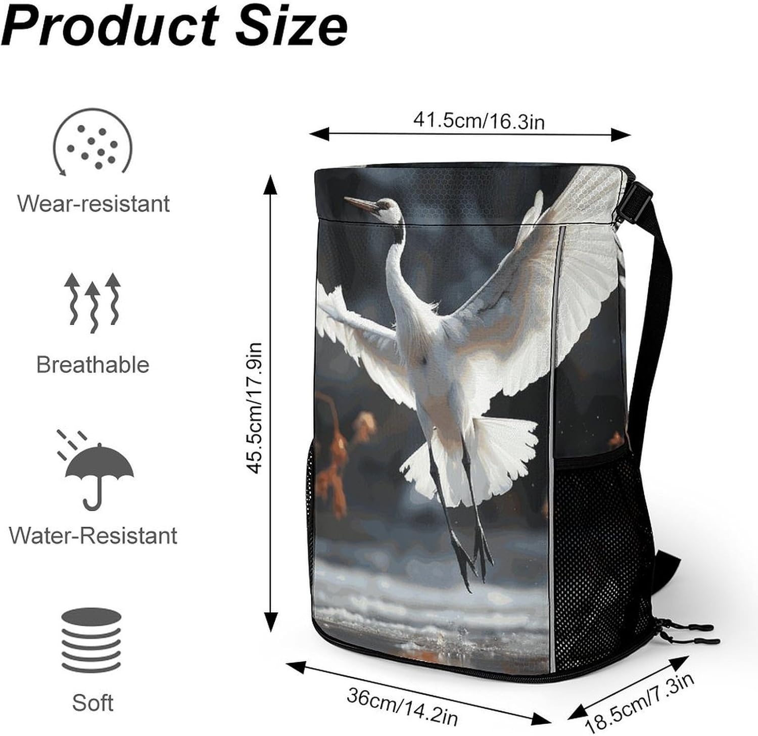 Drawstring Backpack Sports Gym Swim Bag with Shoes Compartment Crane Dancing Stuff Sack