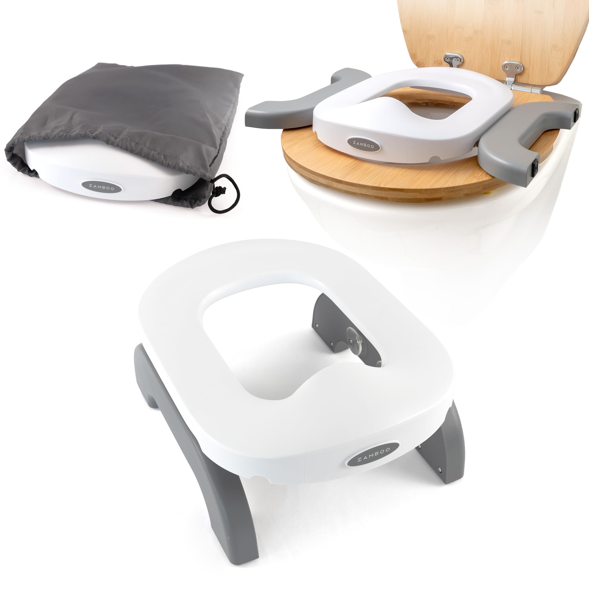 Zamboo Tragbare Baby Toilette 3in1 – Reisetöpfchen & faltbarer Toilettensitz für Kinder ab 15 Monaten | mobiles Töpfchen für zuhause & unterwegs, nutzbar mit Einweg-Plastiktüten - Grau