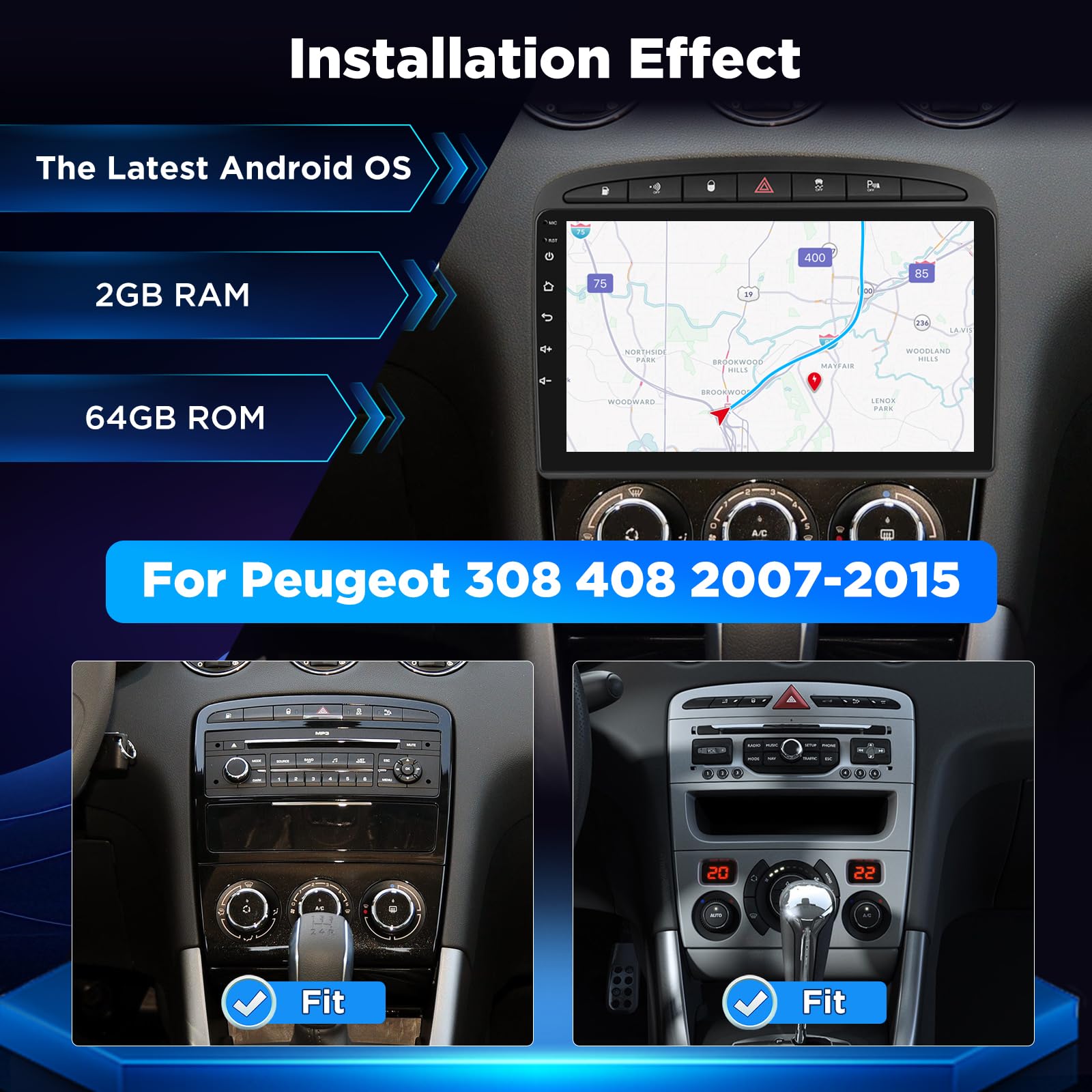 Autoradio Android pour Peugeot 308 408 2007–2015, CarPlay Android Auto sans Fil, Écran Tactile 1080P, DSP GPS WiFi, 2+64G Plug & Play Upgrade Radio avec caméra de recul