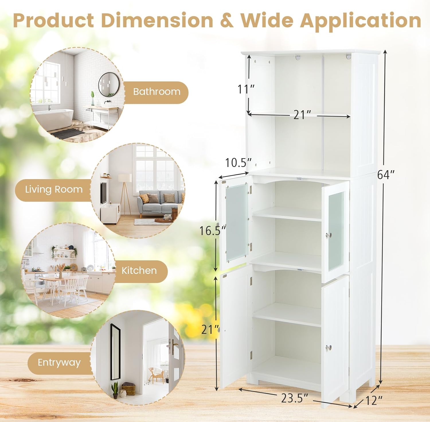 COSTWAY Tall Bathroom Storage Cabinet, Freestanding Kitchen Pantry Cabinet with Glass Doors and Adjustable Shelf, 64” Wooden Linen Floor Cabinet for Bathroom, Living Room, Kitchen (White)