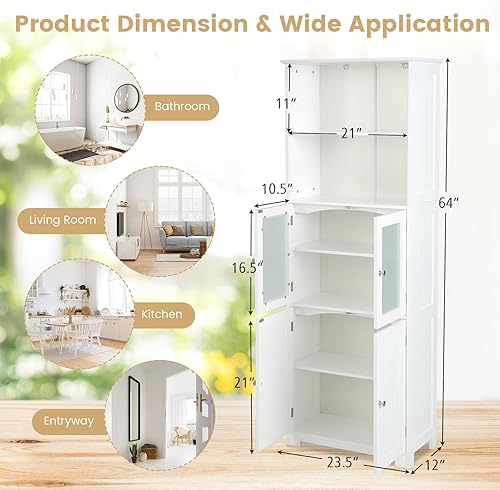 Miniatura 3 de COSTWAY Armario alto de almacenamiento para baño, armario de despensa de cocina independiente con puertas de vidrio y estante ajustable, gabinete de