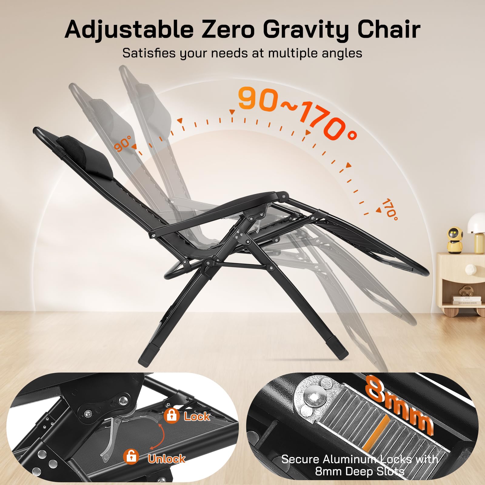 Sdraio da giardino 2 in 1 pieghevole regolabile 90°-170° portata 440LBS cuscino rimovibile 83 cm nero