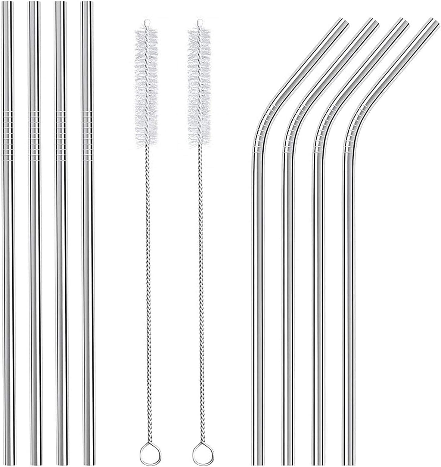 Ouway Stainless Steel Straws Reusable 8 Set, Metal Drinking Straws with 2 Cleaning Brush for Smoothie, Milkshake, Cocktail and Hot Drinks
