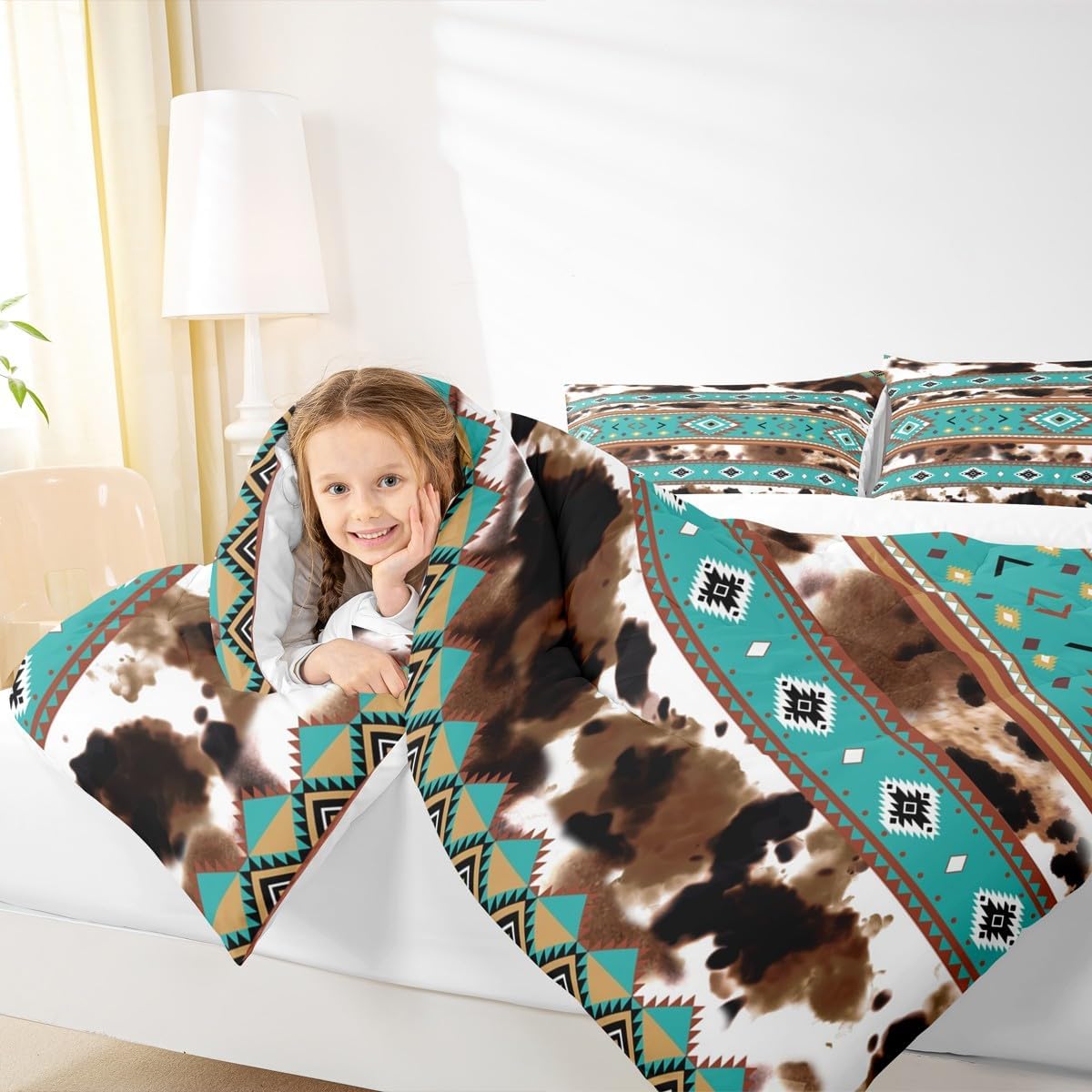 Cowhide Comforter Set Brown Highland Cow Print Bedding Set Queen Size,Western Aztec Tribal Quilt Set 3Pcs for Kids Boys Girls Adult Room Decor Rustic Farmhouse Animals Duvet Insert,2 Pillowcases