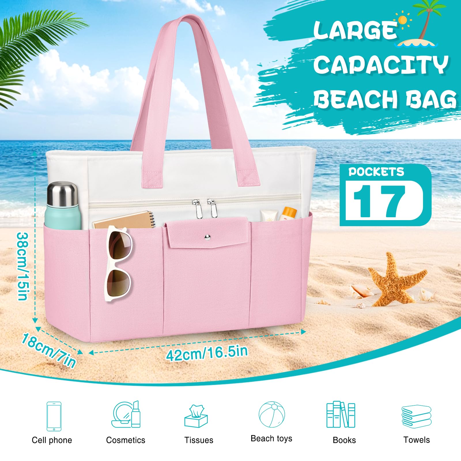 TEUEN Gran Bolso Shopper XXL Impermeable – Bolsa de Playa de Tela con Compartimento Impermeable y Cremallera, Bolsa de Viaje Ligera con Múltiples Bolsillos para Mujer
