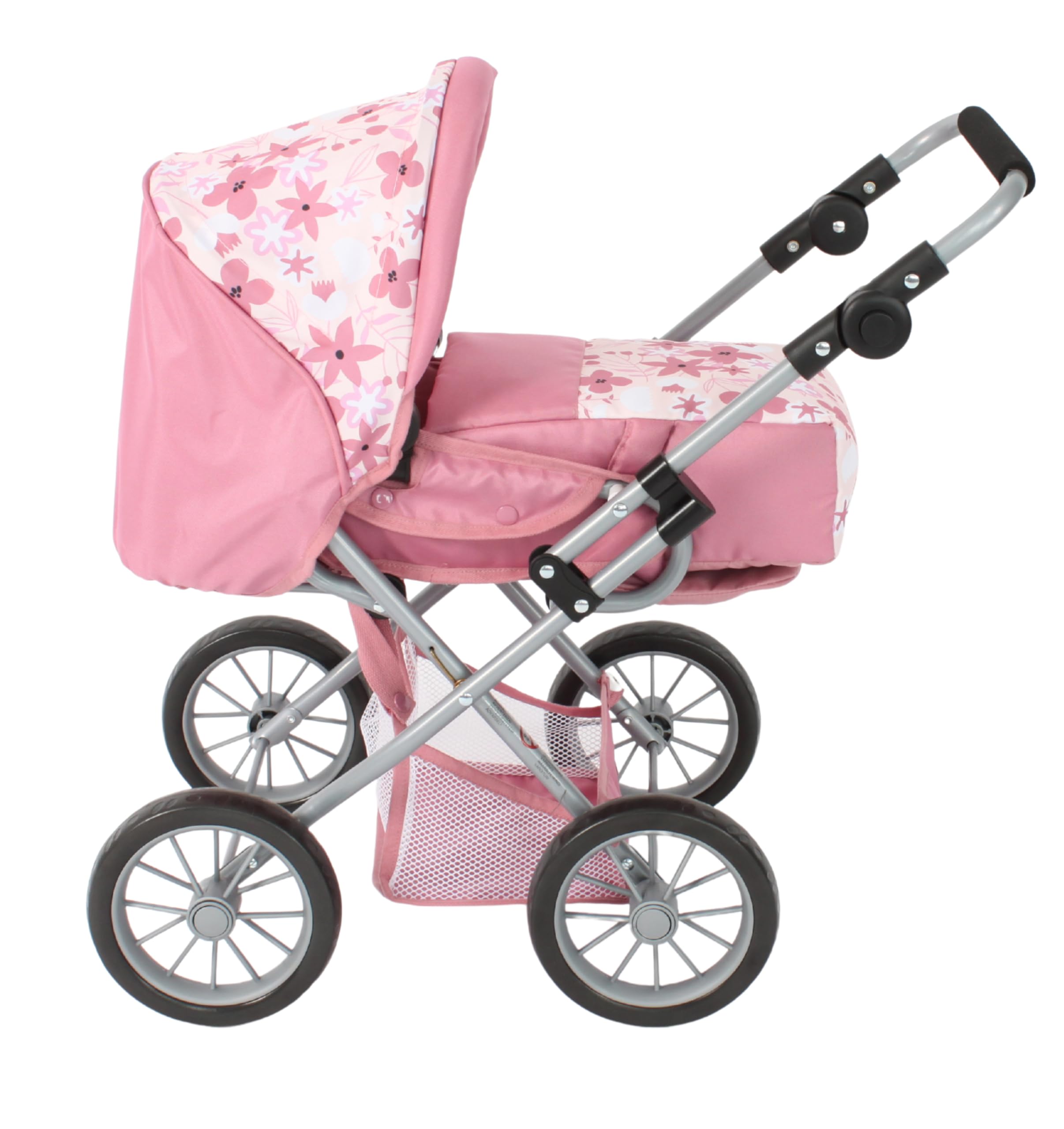 Bayer Chic 2000® Wózek dla lalek Leni kombi 3 w 1 – kwiaty różowe – składany, uchwyt z regulacją wysokości 43-67 cm, torba do przenoszenia – lalki do 46 cm, od 3 J.