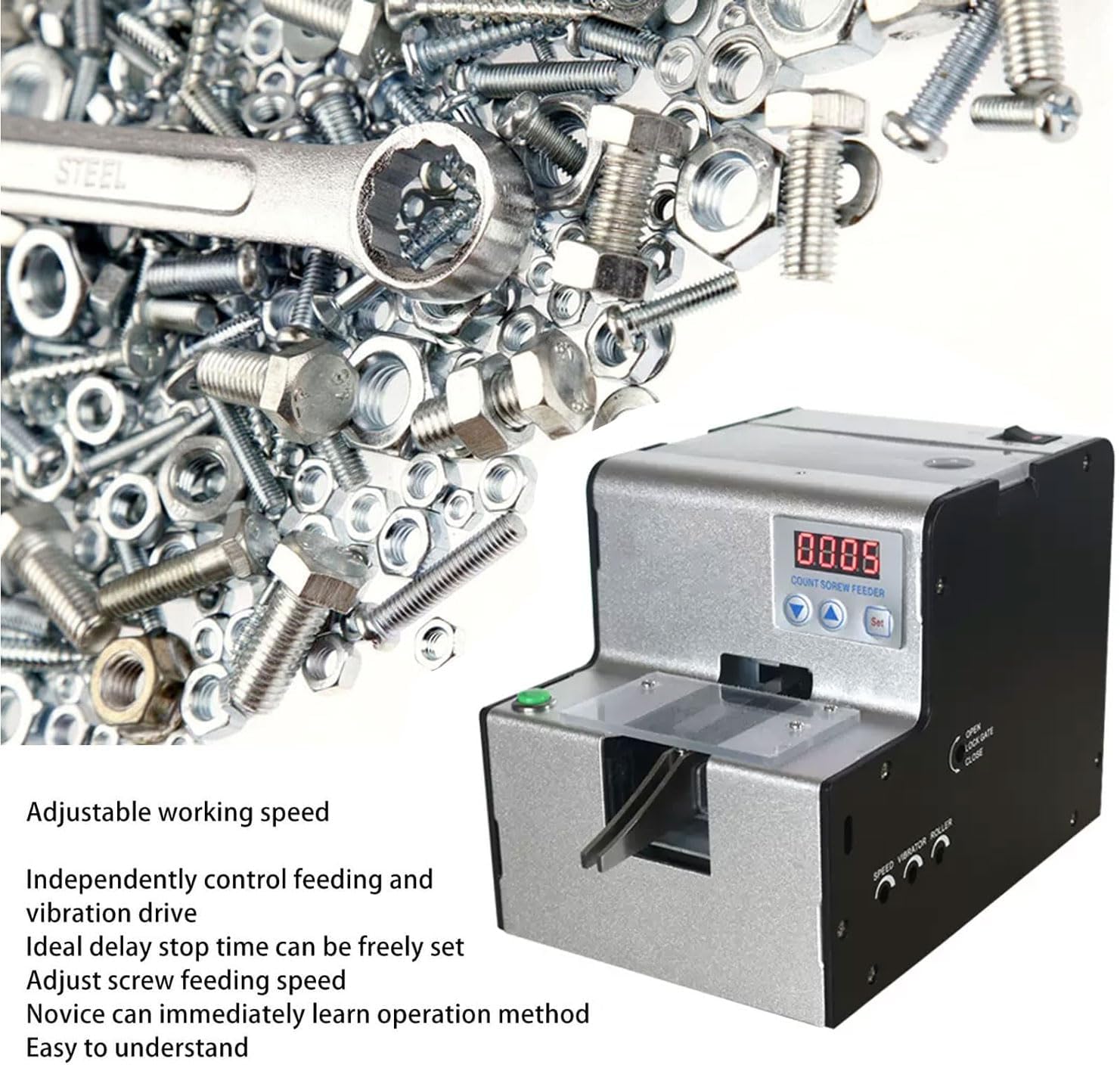 Digital Screw Counting Machine, Automatic Track Screw Counter, 1-5mm Adjustable Portable Screw Counter, Can Be Set 0-9999, for Round Head, Flat Head, Screws with Spacers