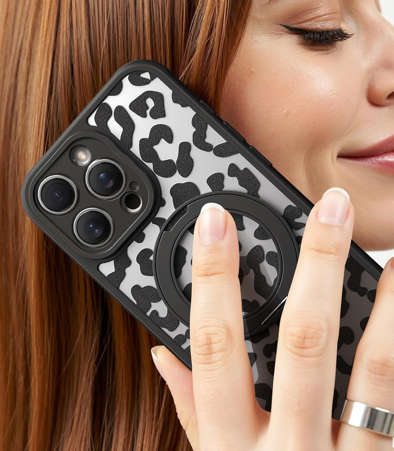Magnetic Stand Case for iPhone 17 [360° Rotatable Kickstand] [Compatible with MagSafe] Black Leopard Design with Ring Holder Case for Women Girls, Translucent Matte Slim Phone Cover