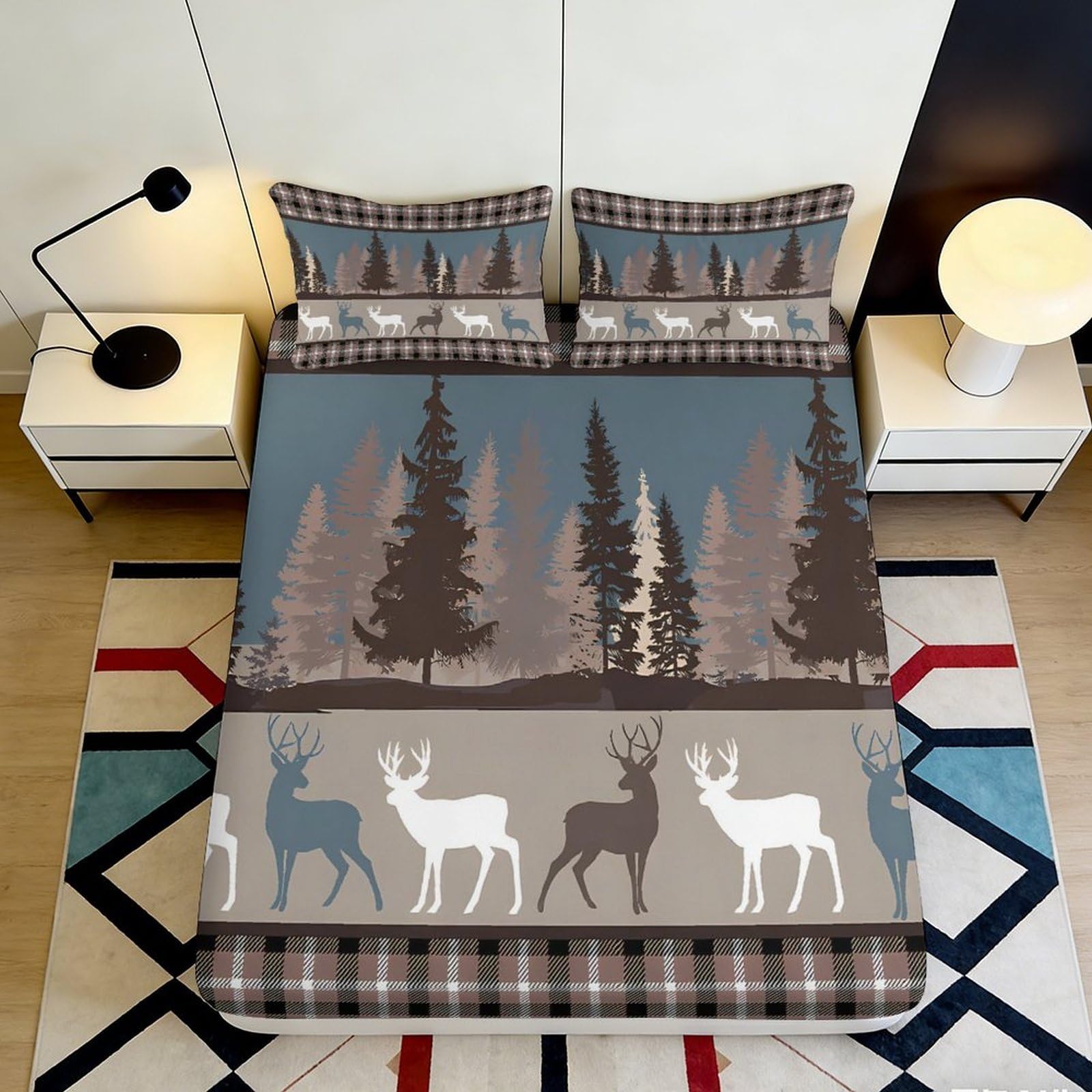 Jqzkxnhpbr Style-8 3D Printed Forest Deer Fitted Sheet Microfiber Soft Anti-Slip Woodland Trees Mattress Cover For Bedroom Guest Room Decor 90X200x25cm