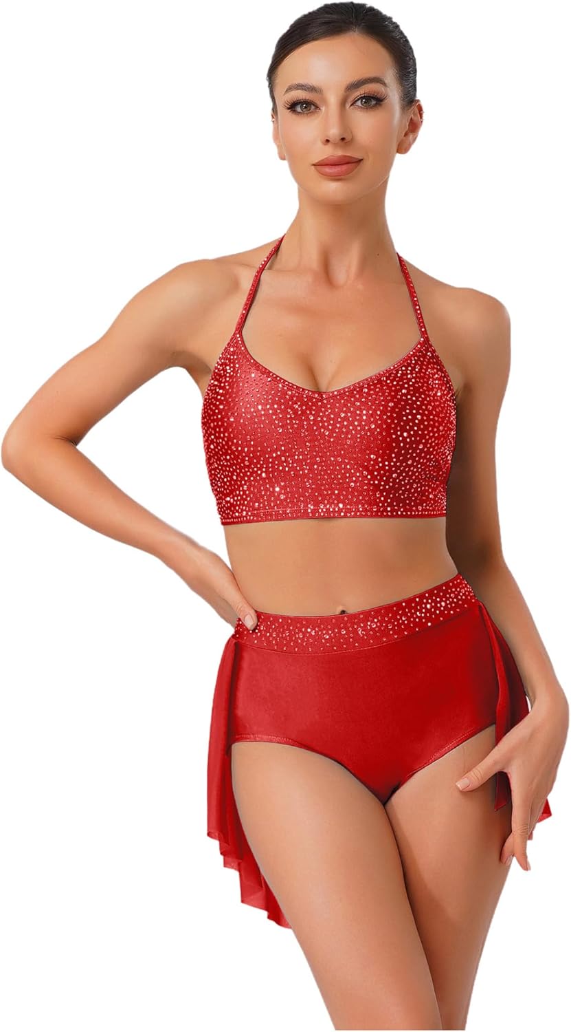 Womens Lyrical Dance Dress Outfit V Neck Crop Top with Mesh Tulle Leotard Skirt Rhinestone 2-Piece Set