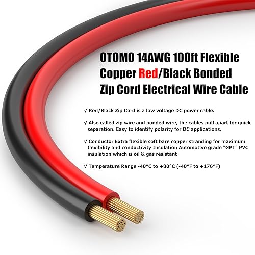 Miniatura 4 de Rollo de alambre de cobre enlazado de cobre rojo y negro de calibre 100 pies, cable de extensión de conexión de 14 AWG 12V24V DC Cable