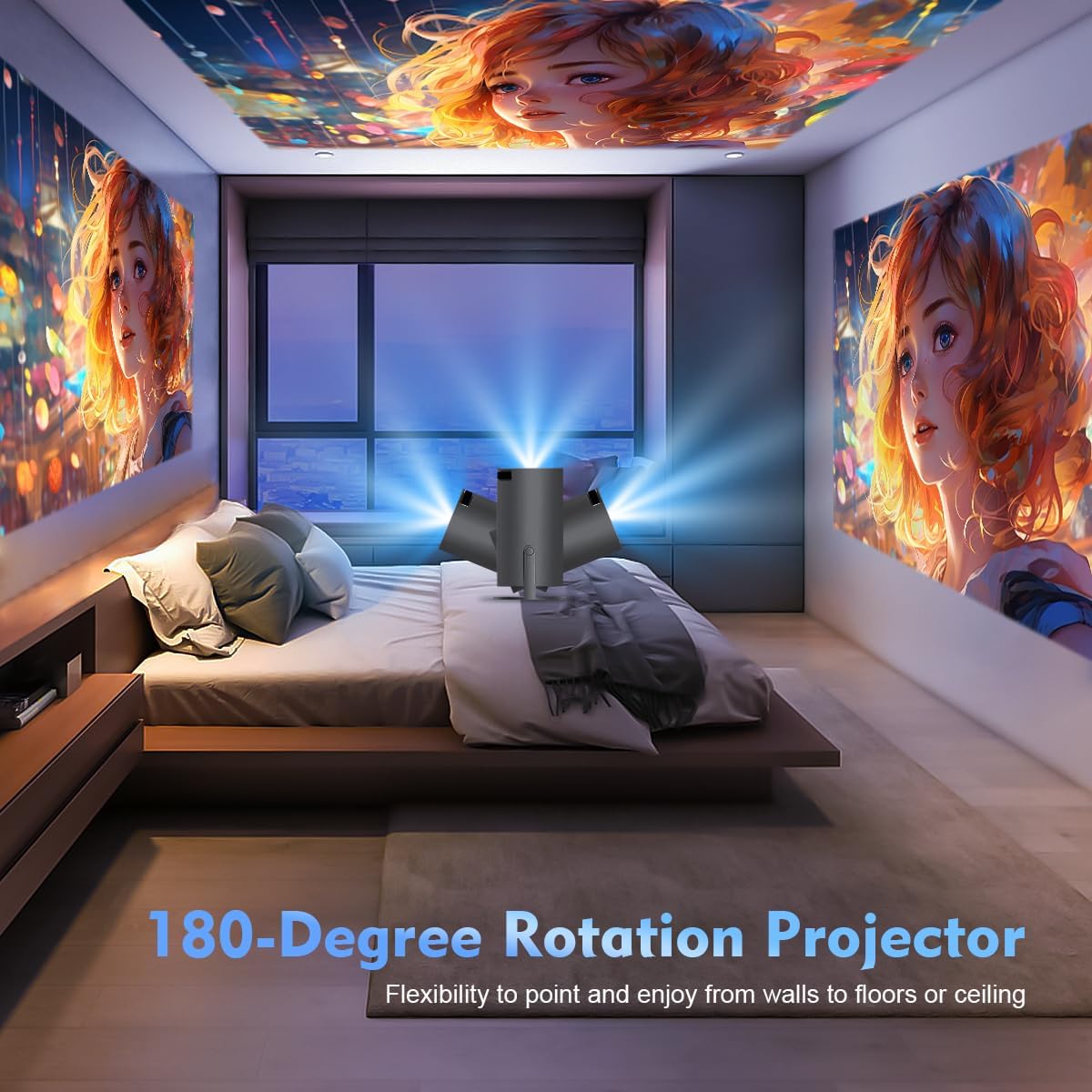 ENUOSUMA Mini Projector ENU41 projecting onto a bedroom ceiling and wall, demonstrating its 180-degree rotation capability.