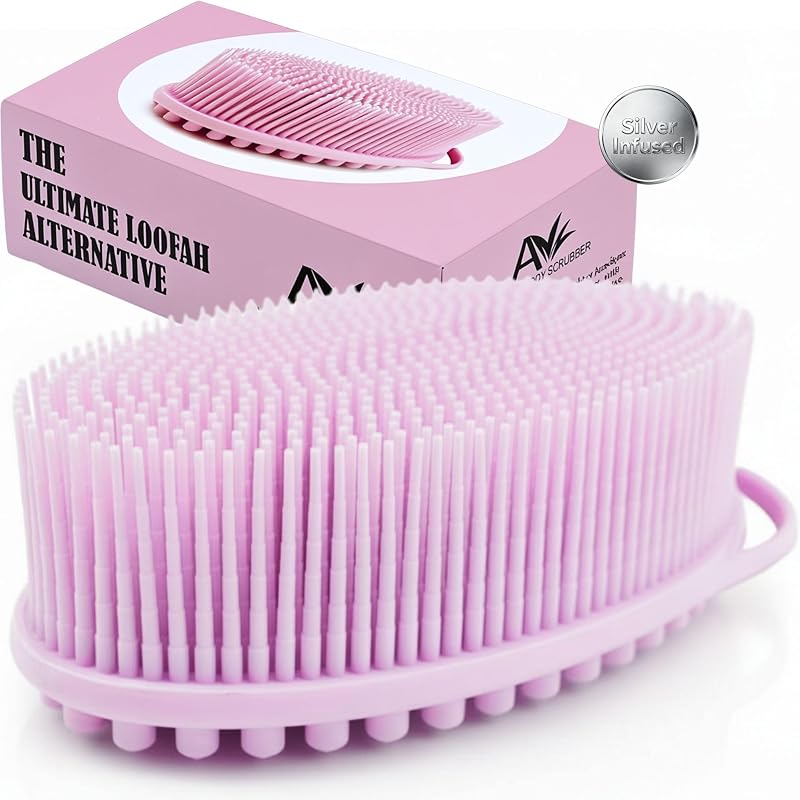 Escova para banho e corpo Avilana Silver Edition de silicone, dupla face, rosa e prata