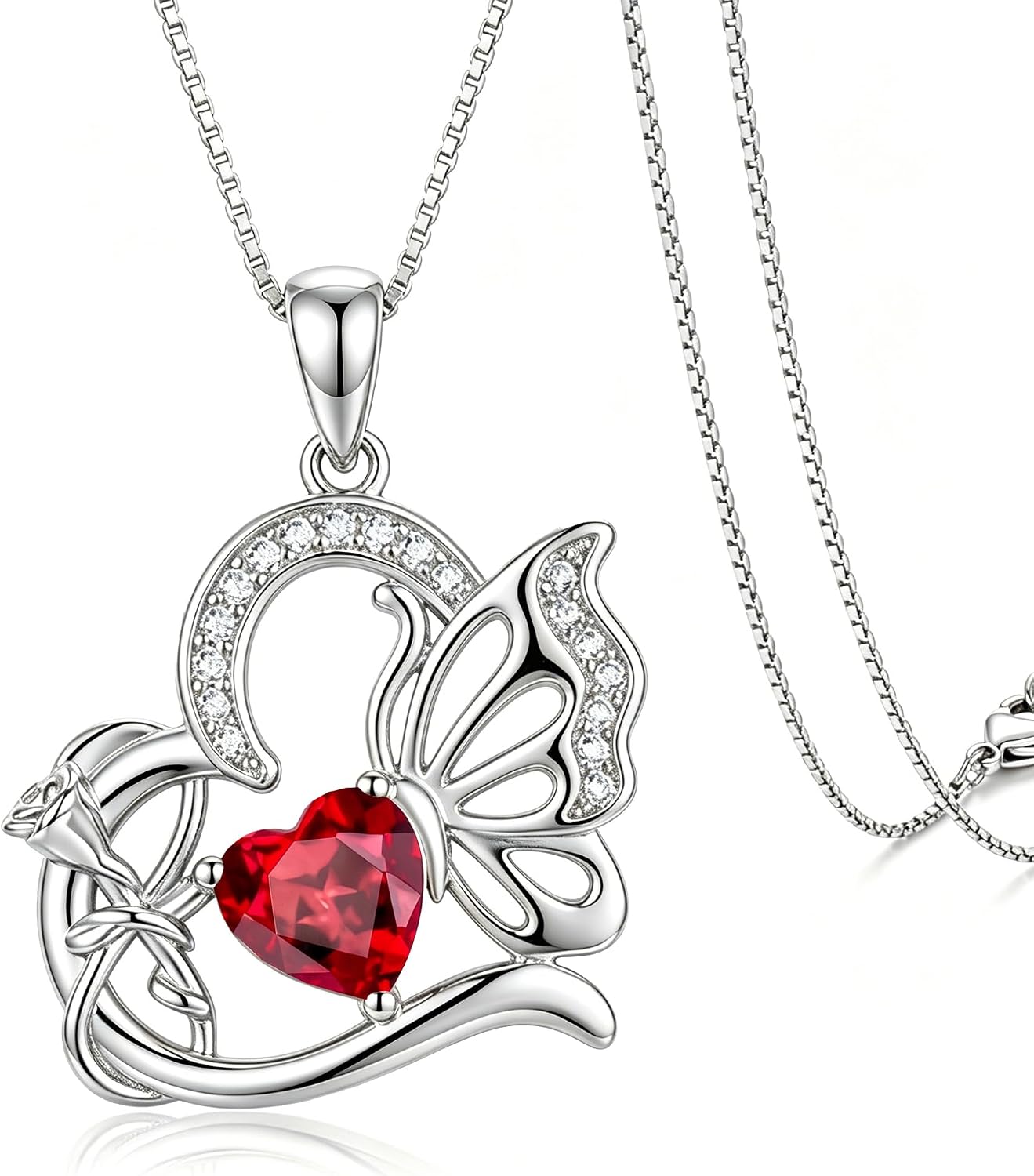 Birthstone Heart butterfly Necklace for Women, Infinity Pendant 14K Gold /18K White Gold Womens Necklaces, Jewelry Anniversary Birthday Christmas Gifts for Her Mom Wife