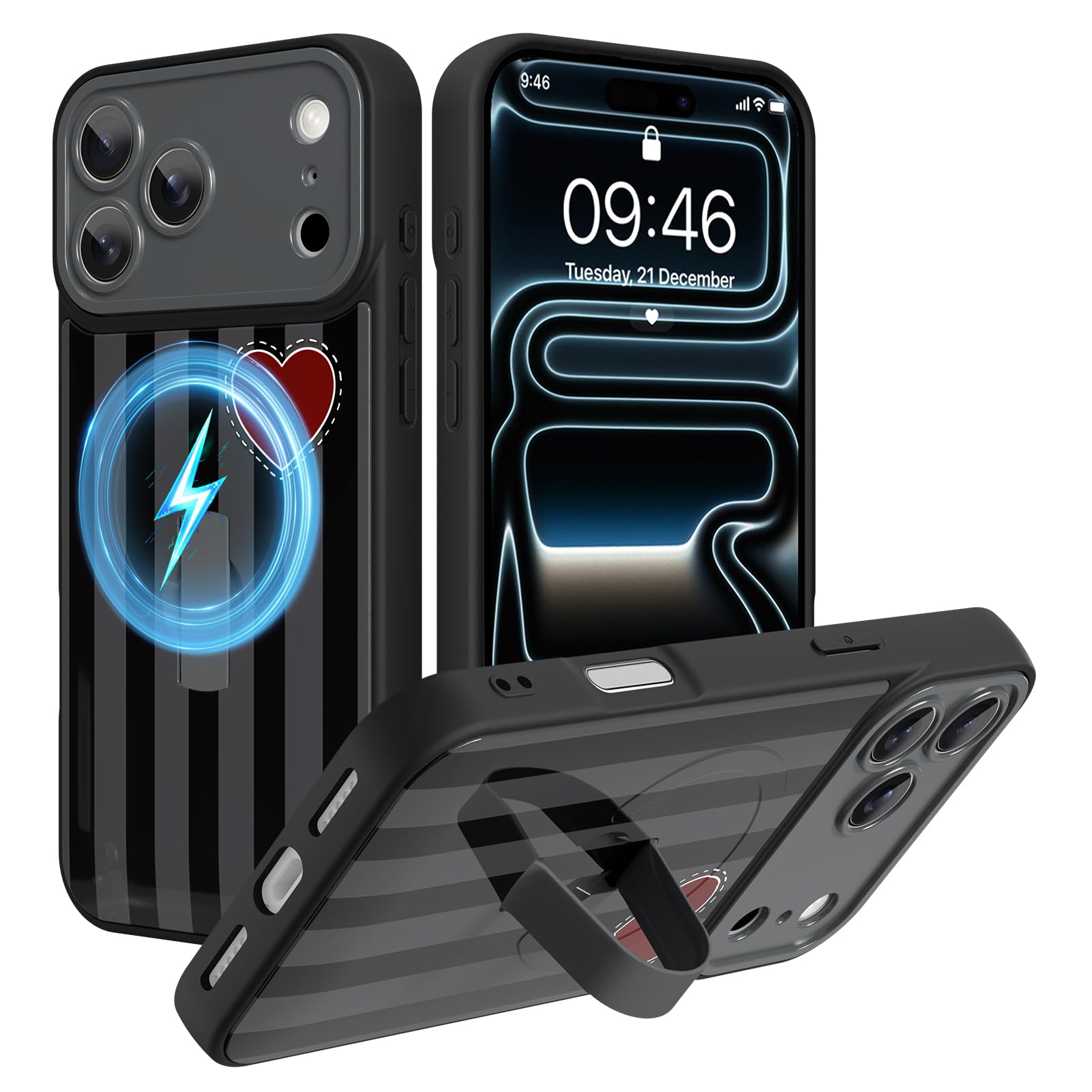 Custodia magnetica per iPhone 17 Pro Max, motivo a righe nere a forma di cuore, cinturino da polso integrato, supporto per mano e dita, compatibile con Magsafe, custodia protettiva completa per