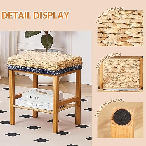 Miniatura 7 de Cpintltr Puf otomano tejido a mano de hierba marina azul, 16 x 13 x 17.5 pulgadas