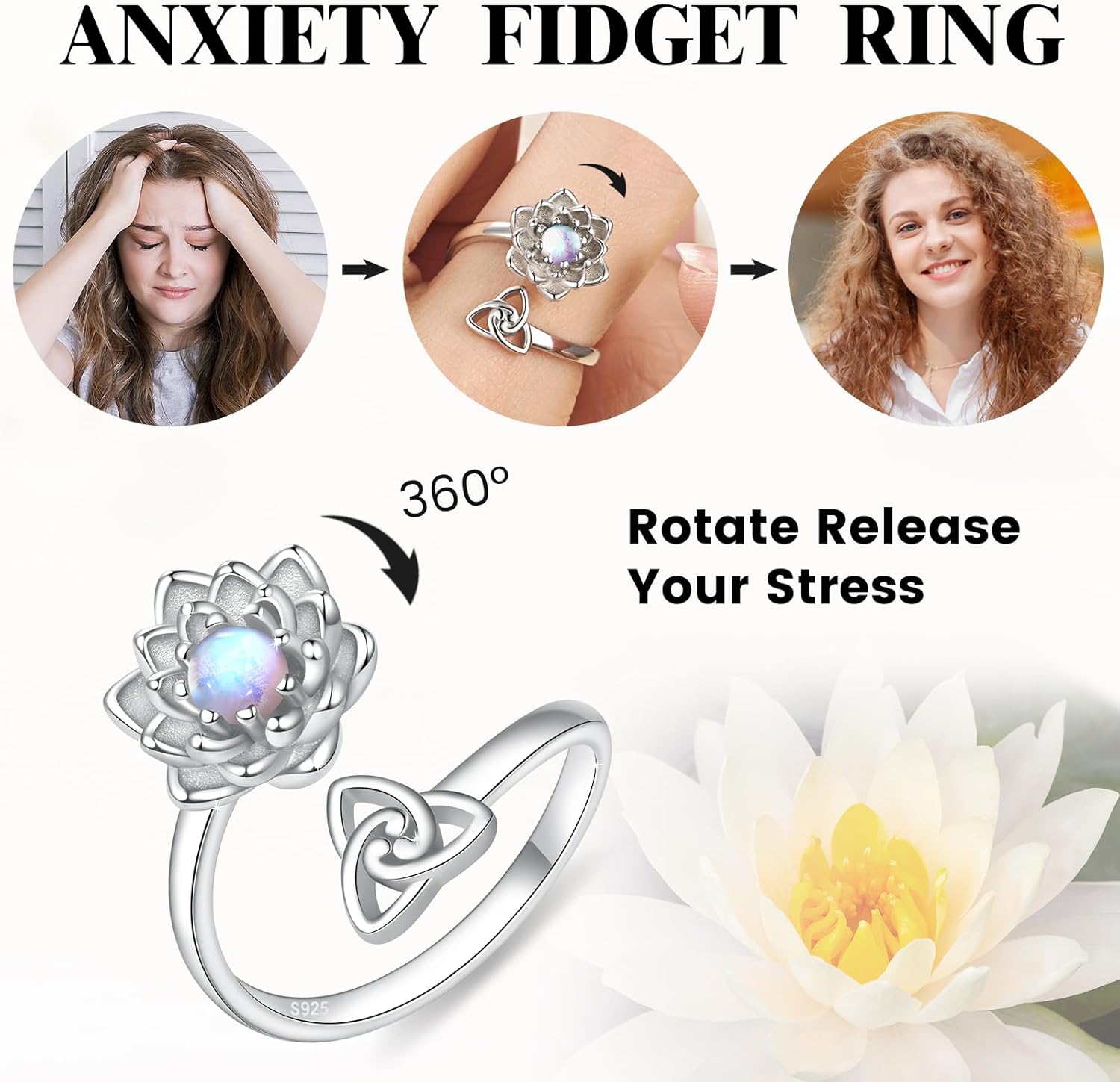 Spinner Fidget Rings 925 Sterling Silver Adjustable Rings Anxiety Relief Jewelry Gift for Women - Image 5