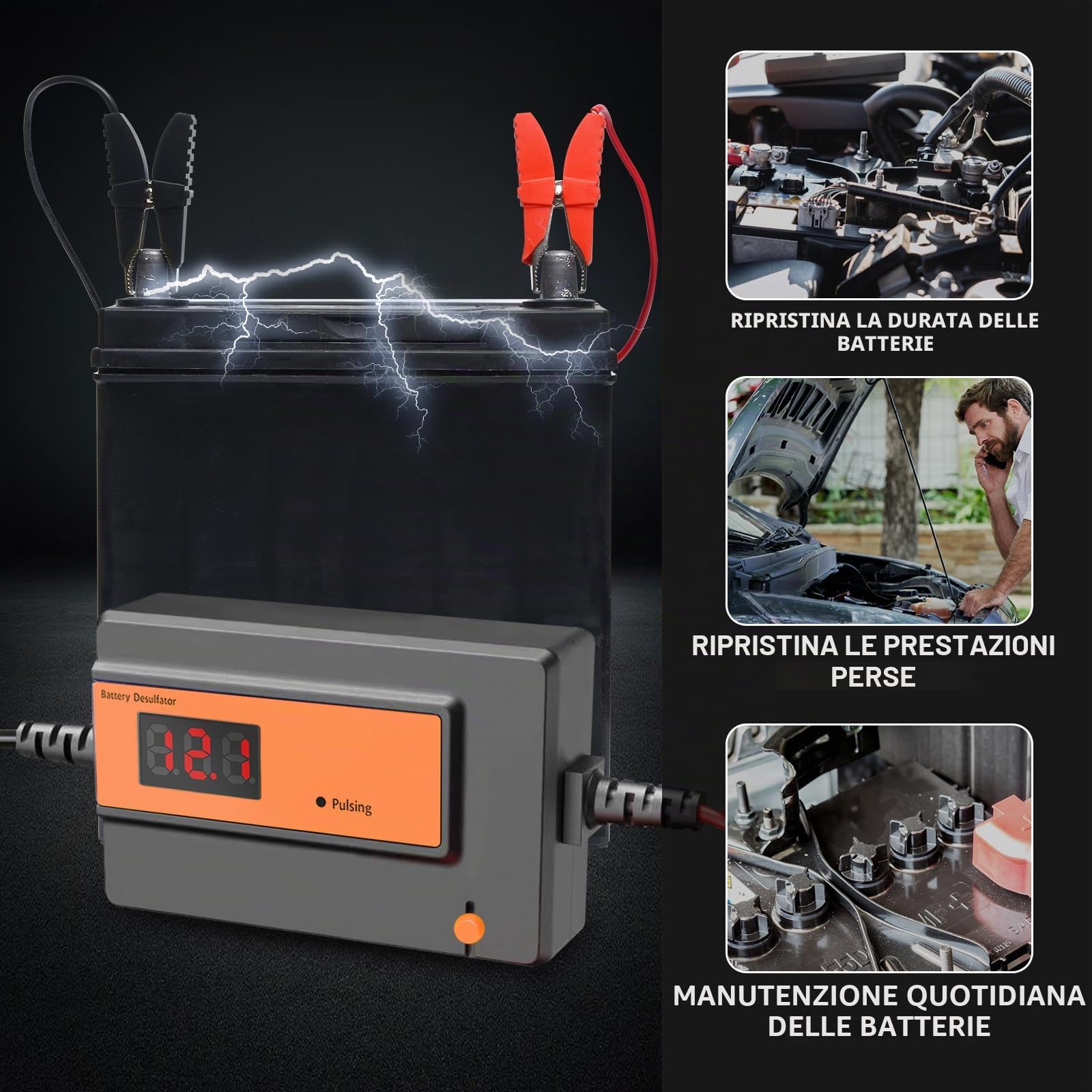 Desolfatore Automatico per Batterie al Piombo-Acido GEL, AGM, SLA, 12-48V, 200AH, con Clip Grandi, per Auto, Camion, Moto, ATV, Barche, Pannello Solare (arancione)