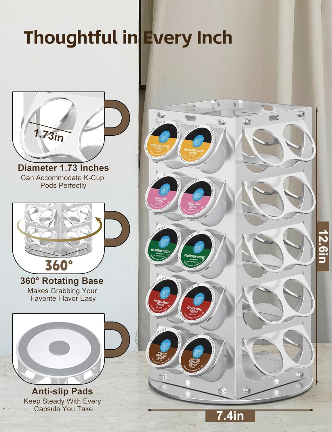 K Cup Holder, Coffee Pod Holder for Keurig – 360° Rotating Aluminum Coffee Organizer for Countertop,Saving Design with Anti-Slip Base for Kitchen or Office,Capacity of 40 Pods (Silver)