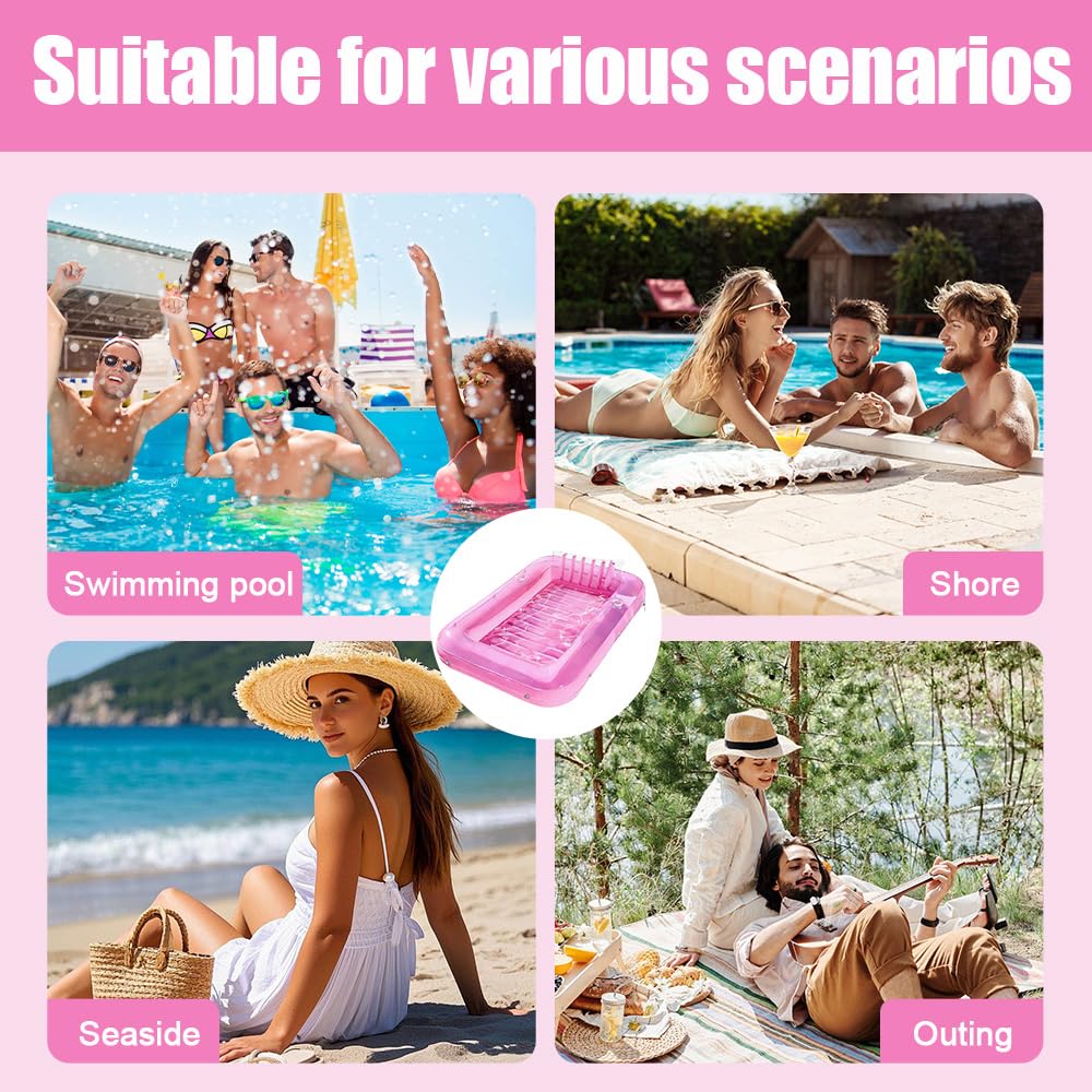 Matelas Gonflable Piscine, 178 x 116 cm Flotteur de Piscine Adulte pour Bain de Soleil, Piscine Bronzage pour Adultes avec Porte-gobelet et Appui-tête pour Fêtes de Plage, Rose