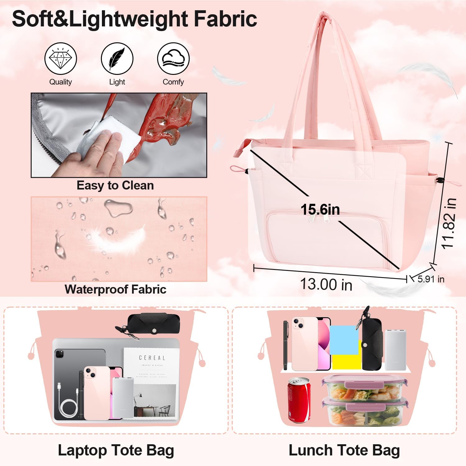 Work Laptop Tote Bag for Women with Insulated Lunch Compartment, Lightweight Puffy Lunch Tote Bag with 15.6 Inch Laptop Compartment, Quilted Laptop Bags for Office Commuter Teacher Nurse Pink - Image 2