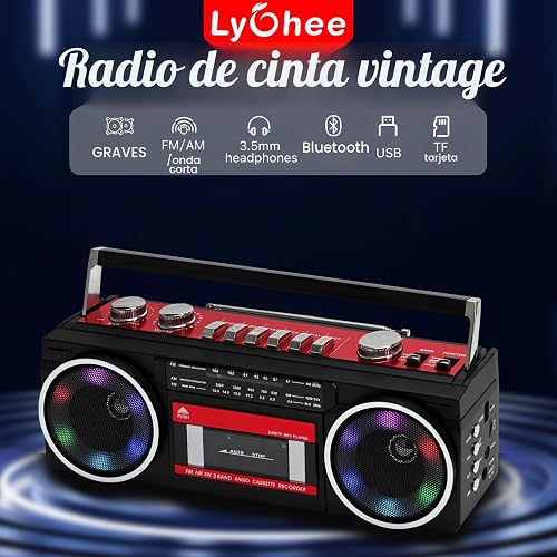 Portable Cassette Player Boombox AM/FM/SW Radio Stereo, CasetteTape Player Recorder,MP3 Bluetooth USB RGB Lights TF card (Red) - 2